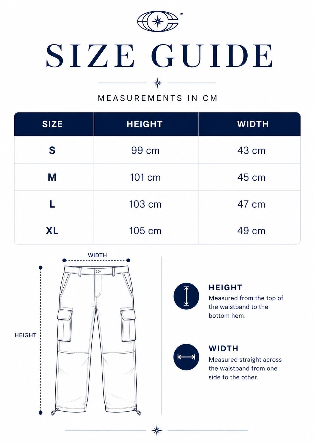 Celestial Camo Cargo Pants size guide